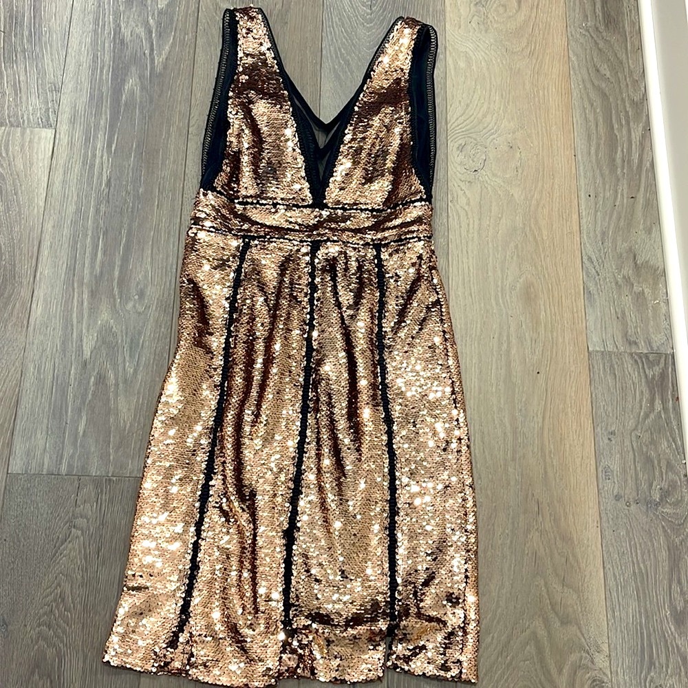 NWOT Boston Proper Metallic Copper Deep Mesh V Sequin Sparkle Dress -XS - Picture 7 of 10